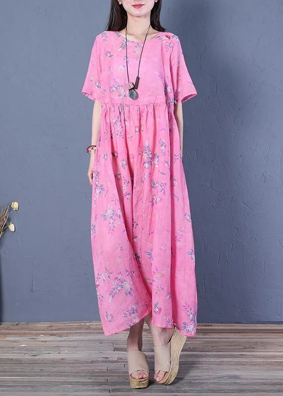 Women rose print chiffon Robes o neck Cinched Maxi Dresses Casual Maxi Dress with Pockets