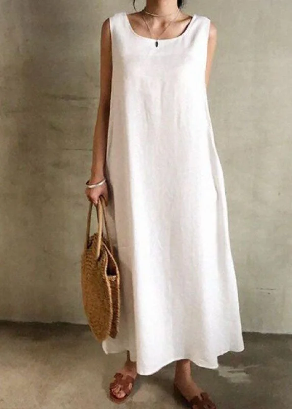 Women White O Neck Patchwork Cotton Maxi Dress Sleeveless Comfortable Maxi Dress with Belt