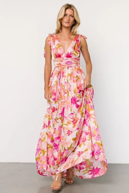 Zoe Tie Maxi Dress | Pink Multi Casual Maxi Dress with Pockets