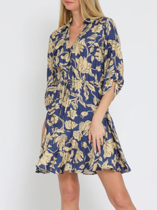 3/4 Roll-Up Sleeve Button-Down Tie Golden Floral Mini Dress Trendy Wraparound Mini Dress