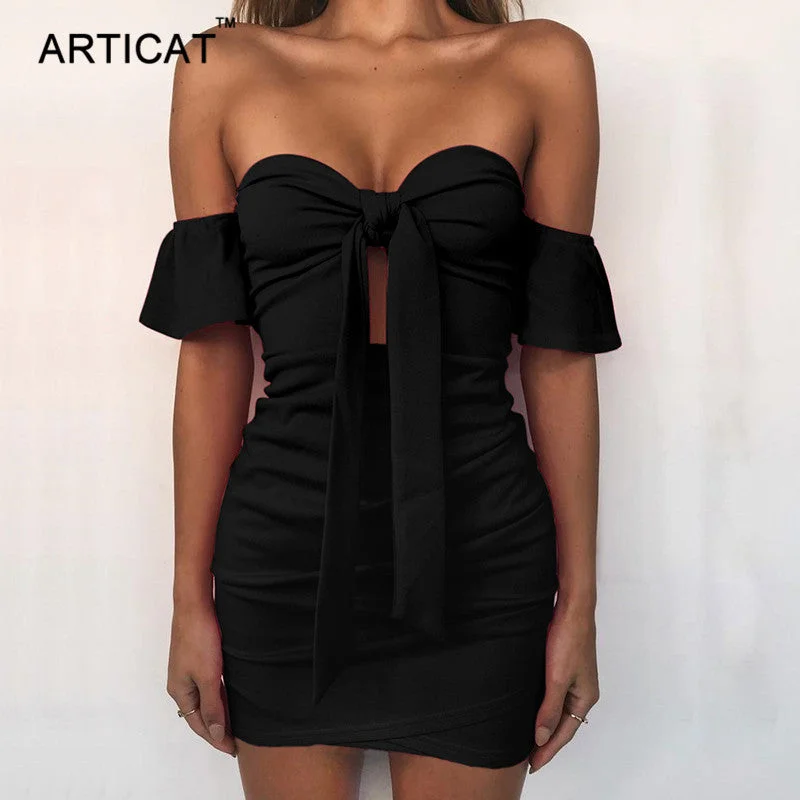 Off Shoulder Strapless Sexy Ruched Summer Dress Women Bow Knot Backless Mini Dress Short Sleeve Bodycon Bandage Dresses Stylish Short-Sleeve Mini Dress