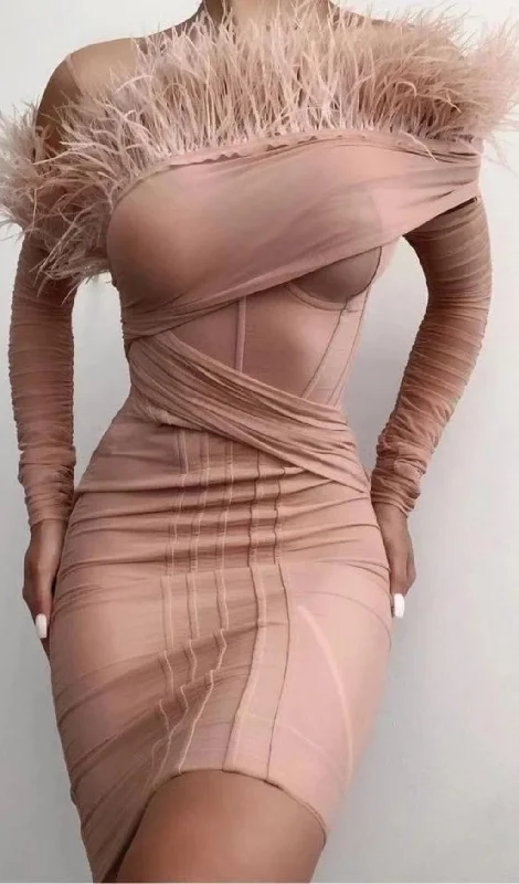 FEATHER LONG SLEEVE BANDAGE MINI DRESS IN BLUSH PINK Cozy Knitted Mini Dress