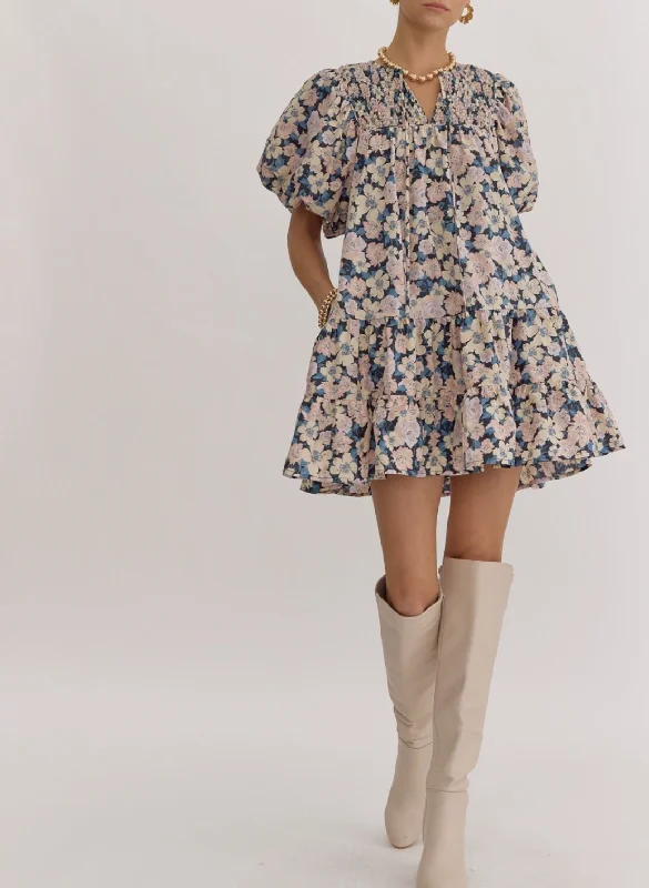 Floral Print V-Neck Bubble Sleeve Mini Dress Casual Button-Up Mini Dress