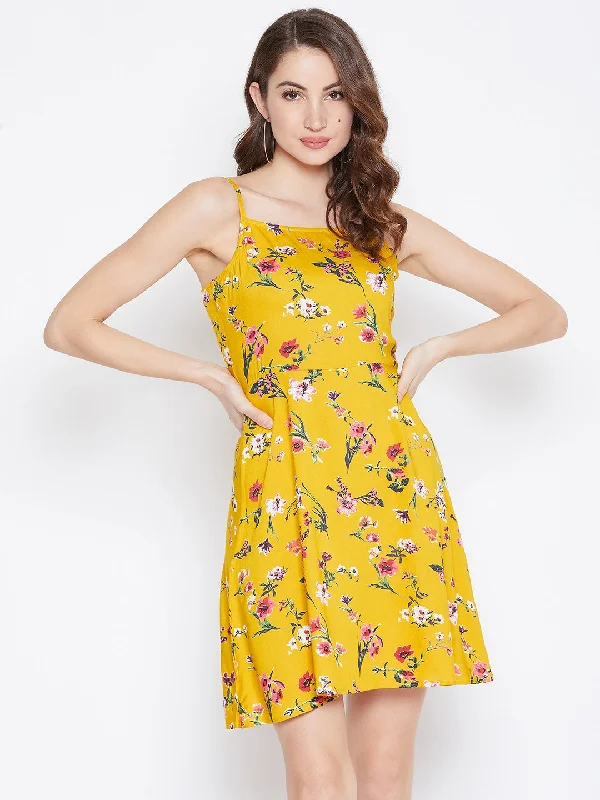 Floral Printed Fit & Flare Mini Dress Fashionable Mini Dress with Slits