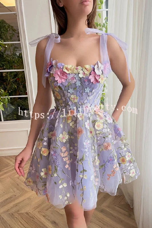 Lilipretty® Lavender Floral Lace Up High Waisted Back Zip Mini Dress Elegant Sequin Mini Dress