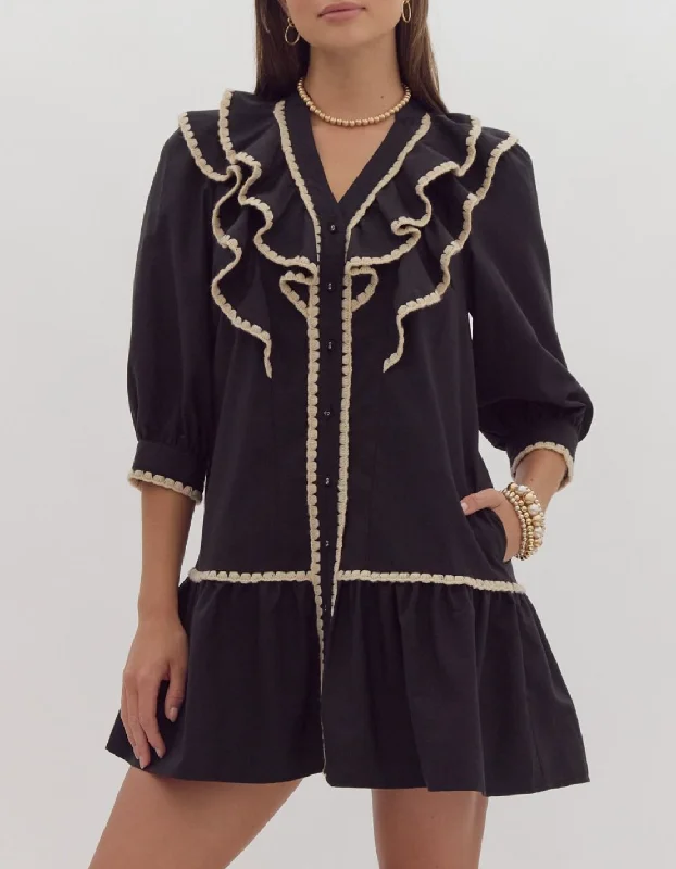 Solid Button-Up Ruffled Mini Dress Cozy Long Sleeve Mini Dress