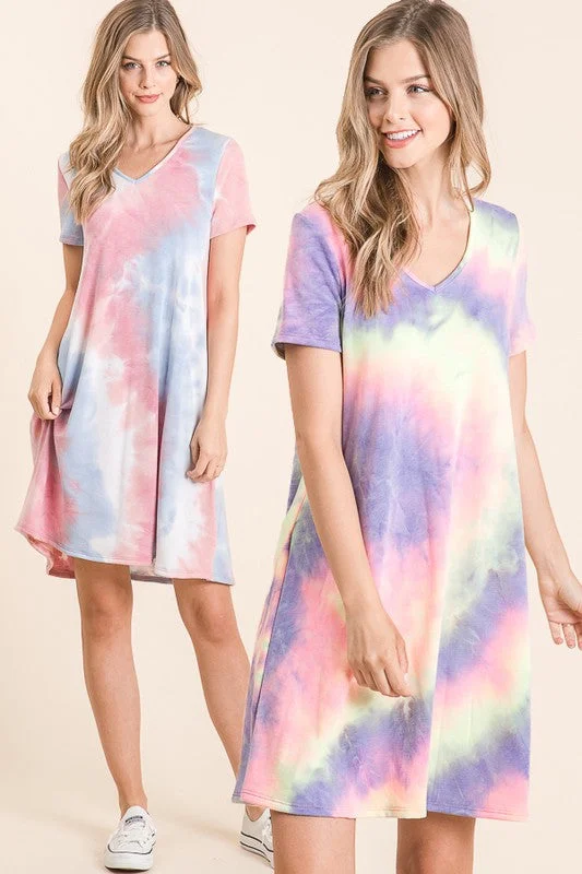 TIE DYE PRINT FRENCH TERRY V NECK MINI DRESS - BLUE/PINK or LAVENDER MIX Comfortable Boho Mini Dress