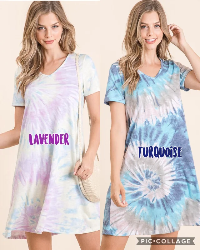 TIE DYE PRINT SLUB JERSEY V NECK MINI DRESS - LAVENDER or TURQUOISE Fashionable Polka Dot Mini Dress