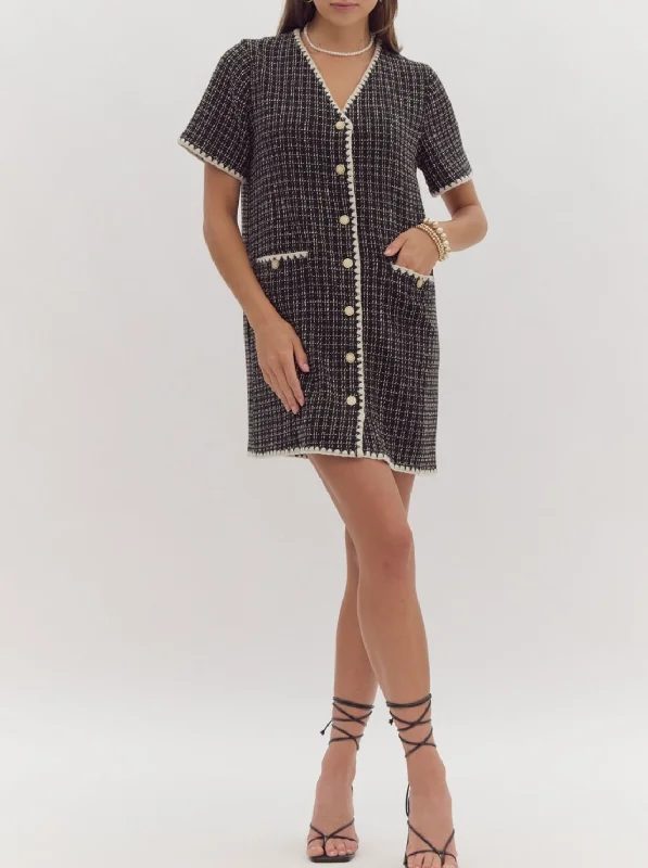 Tweed Short Sleeve V-Neck Button-Up Mini Dress Chic Pleated Mini Dress