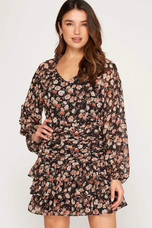 BLACK FLORAL PRINT LONG RAGLAN SLEEVES RUFFLED MINI DRESS SS7690 Classic White Mini Dress