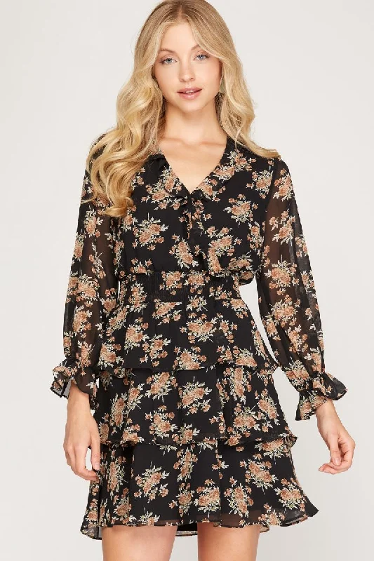 BLACK FLORAL PRINT SMOCKED TIERED LONG SLEEVES MINI DRESS SS7997 Stylish Floral Print Mini Dress