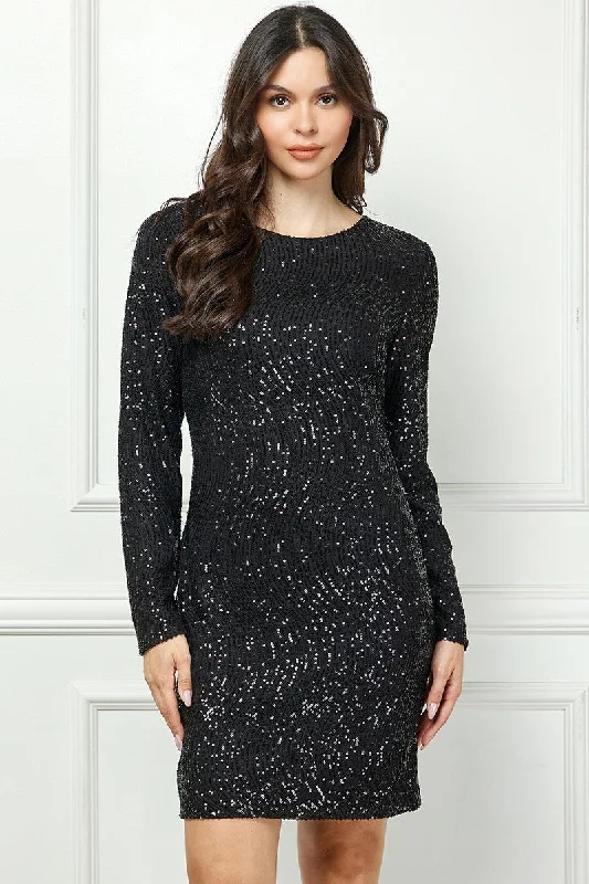 BLACK SEQUIN LONG SLEEVES ZIP CLOSURE MINI DRESS AVD51916W Fashionable Boho-Chic Mini Dress