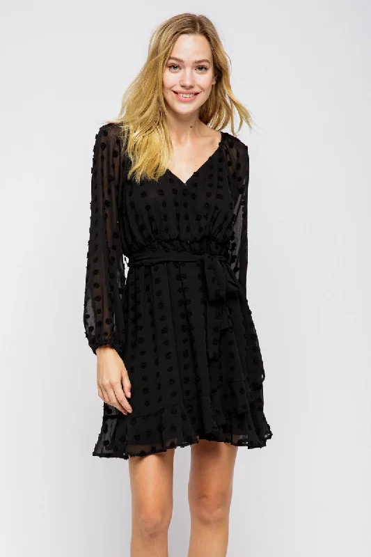 BLACK SWISS DOT SELF-TIE WAIST RUFFLED MINI DRESS MDR8083 Trendy Mini Dress with Belt