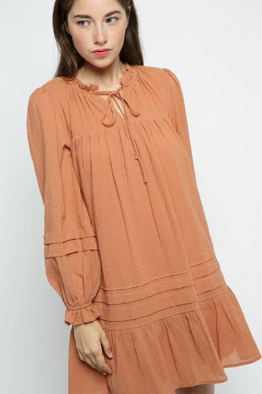 CARAMEL RUFFLED TIE-NECK LONG SLEEVES MINI DRESS MDR8656 Cozy Long Sleeve Mini Dress