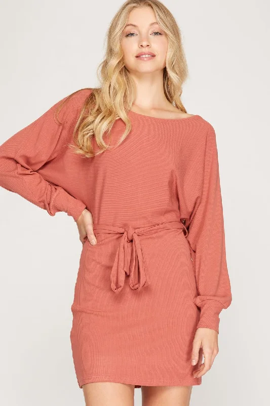 CINNAMON RIB KNIT DOLMAN LONG SLEEVES SASH WAIST MINI DRESS SS6213 Trendy Tulle Mini Dress