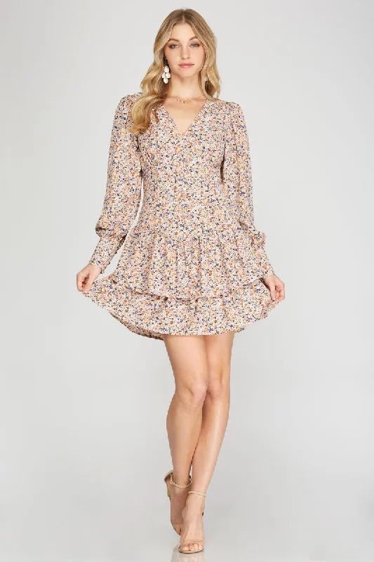 CREAM FLORAL PRINT BUTTON DOWN CUFF LONG SLEEVES MINI DRESS SS8703 Fashionable Lace-Trim Mini Dress