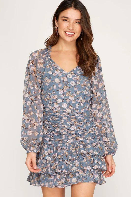 DUSTY BLUE FLORAL PRINT LONG RAGLAN SLEEVES RUFFLED MINI DRESS SS7690 Modern Satin Mini Dress