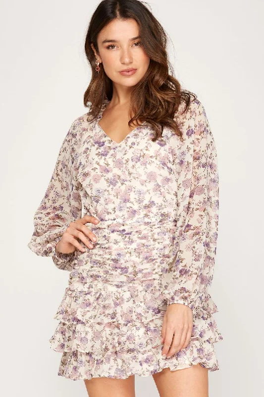 DUSTY ROSE FLORAL PRINT LONG RAGLAN SLEEVES RUFFLED MINI DRESS SS7690 Fashionable Off-Shoulder Mini Dress