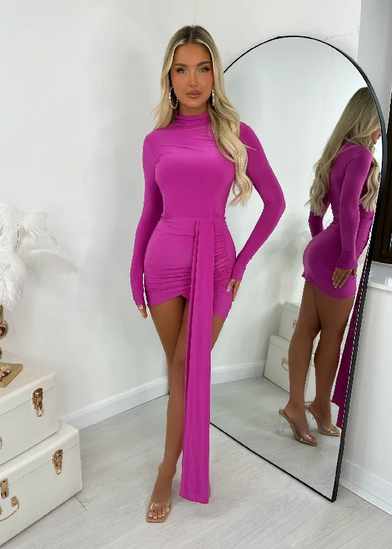 Fashion Icon Drape Mini Dress - Fuchsia Cozy Knitted Mini Dress