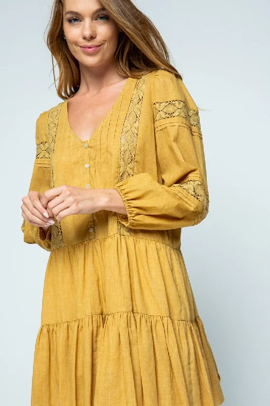 HONEY GOLD LACE DETAILED RUFFLED LONG SLEEVES MINI DRESS MDR8123 Cozy Long Sleeve Mini Dress