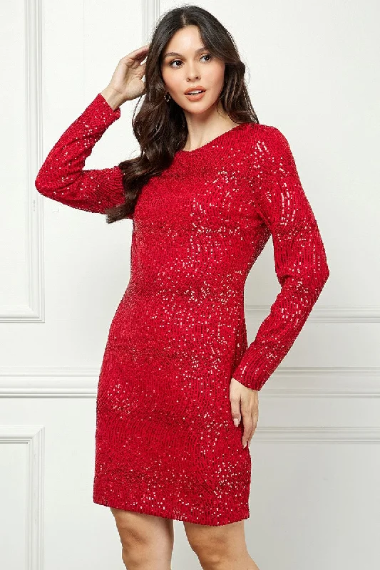 RED SEQUIN LONG SLEEVES ZIP CLOSURE MINI DRESS AVD51916W Comfortable Zip-Up Mini Dress