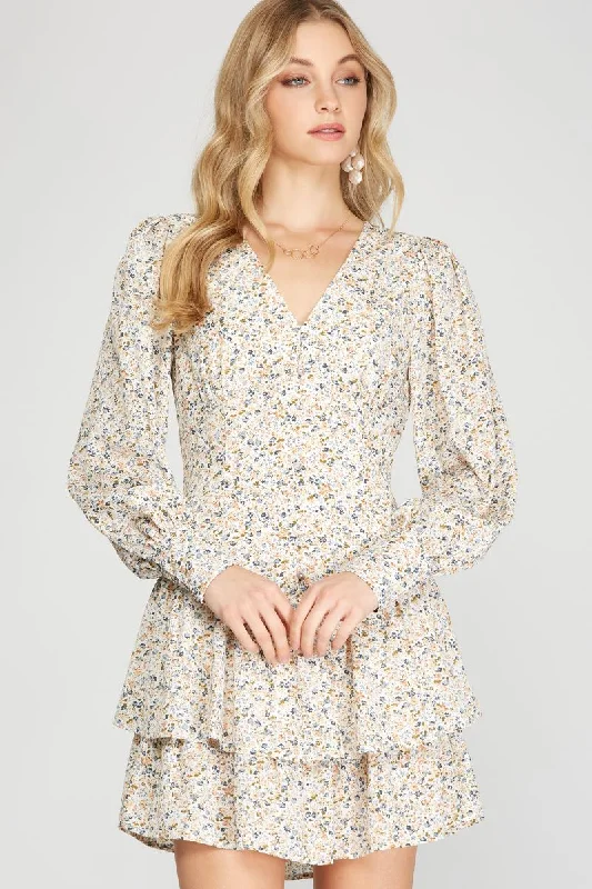 ROSE FLORAL PRINT BUTTON DOWN CUFF LONG SLEEVES MINI DRESS SS8703 Trendy Crossover Mini Dress