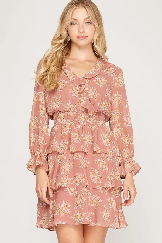 ROSE FLORAL PRINT SMOCKED TIERED LONG SLEEVES MINI DRESS SS7997 Cozy Ribbed Mini Dress