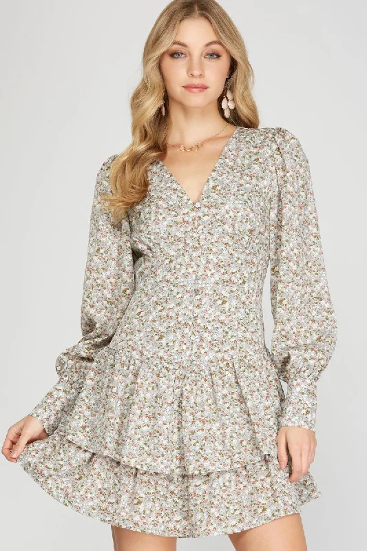 SEAFOAM FLORAL PRINT BUTTON DOWN CUFF LONG SLEEVES MINI DRESS SS8703 Trendy A-Line Mini Dress