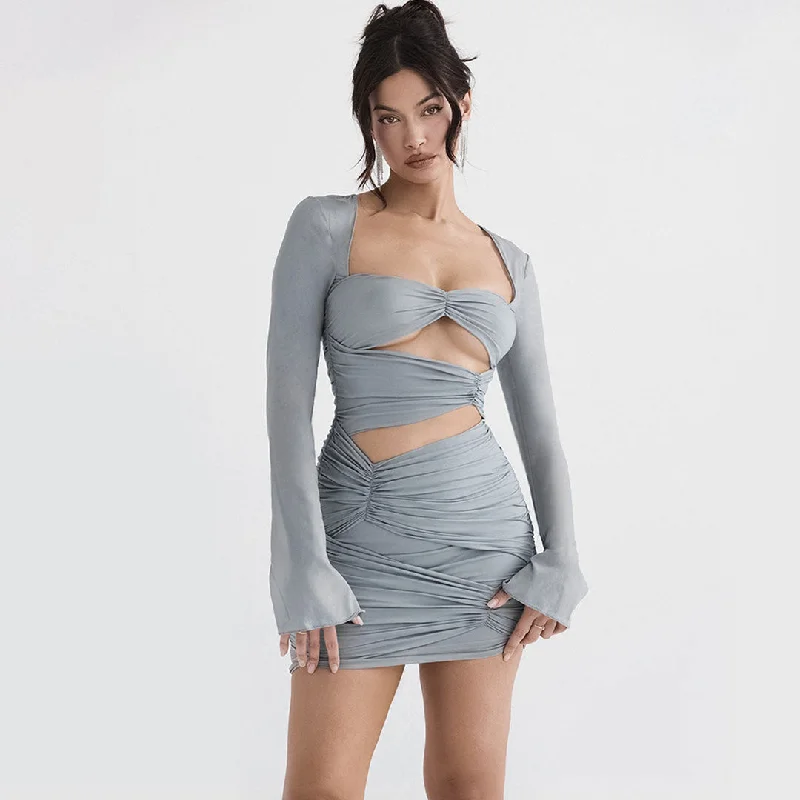 Ruched Cross Over Knitted Modern Long Sleeve Mini Dress Casual High-Waist Mini Dress