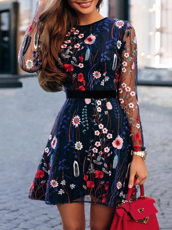 Women's Dresses Ethnic Style Long Sleeve Printed Maxi Mini Dress Elegant Silk Mini Dress