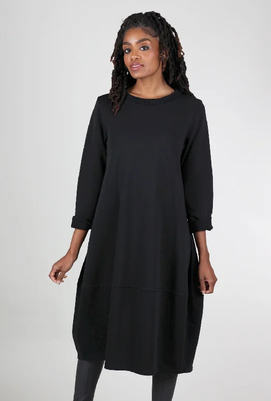 Midi Sweatshirt Dress, Black Hoodie with Half-Zip Sporty Casual