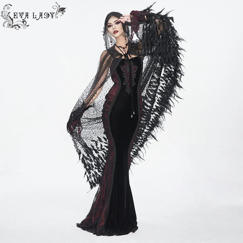 ECA016 Gothic sequined feather hooded women's long cloak Hoodie with Hem Patch Decorative Personalized