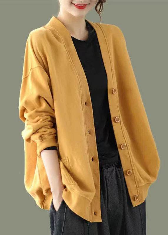 Elegant Yellow V Neck Button Patchwork Warm Fleece Sweatshirt Coat Fall Hoodie with Rolled Sleeves Casual Relaxed