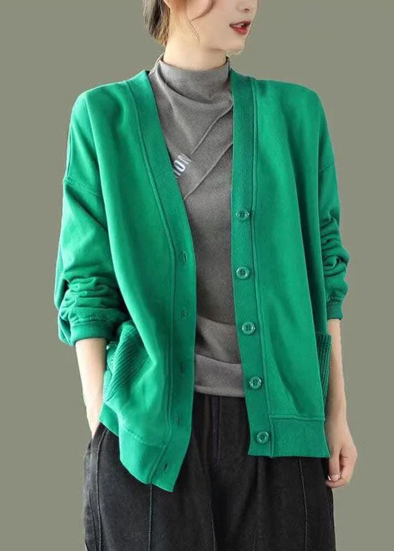 Green Button Pockets Patchwork Warm Fleece Sweatshirt Coat V Neck Long Sleeve Hoodie with Ribbed Neckline Snug Warm