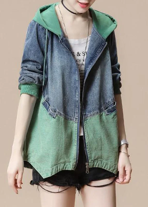 Green Drawstring Pockets Hoodie Denim Coat Long Sleeve Hoodie with Half-Zip Sporty Casual