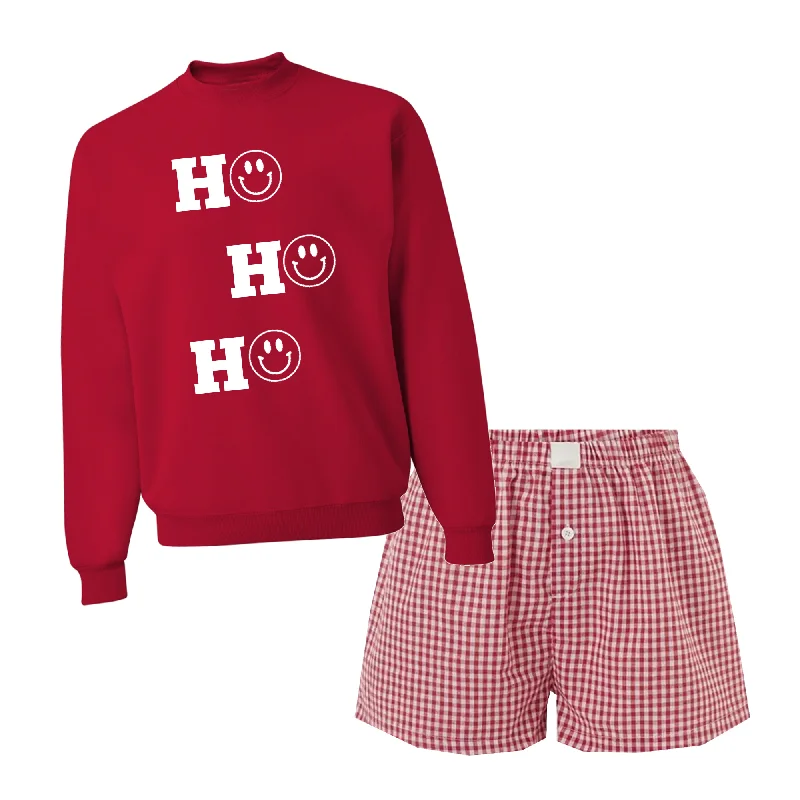 HO HO HO Red Sweatshirt Checkered Boxer Set Hoodie with Frayed Bohemian Relaxed