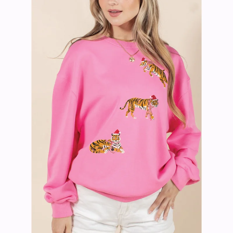 Hot Pink Tiger Christmas Sweatshirt Hoodie with Typography Text Message