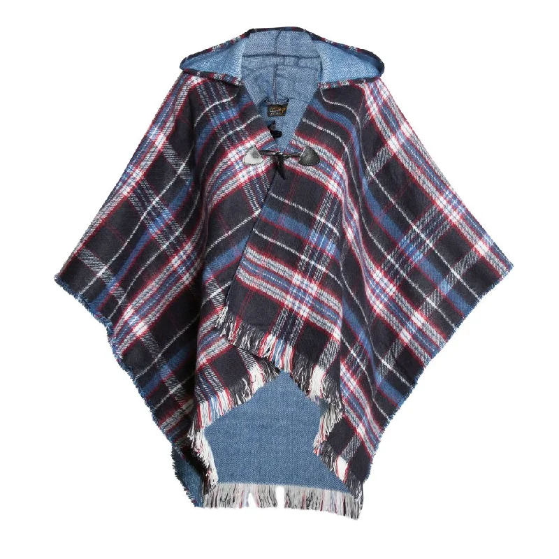 Ladies Hooded Tartan Poncho - Blue Hoodie with Slim Fit Tailored Modern