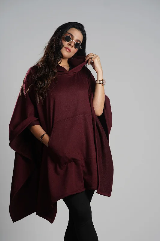 Maroon Poncho Hoodie Hoodie with Hem Raw Edge Edgy Unfinished