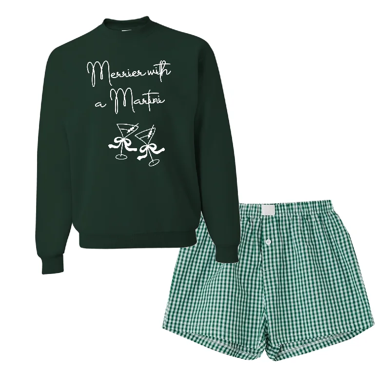 Merrier than a Martini Green Sweatshirt Checkered Boxer Shorts Set Hoodie with Relaxed Fit Easy Casual