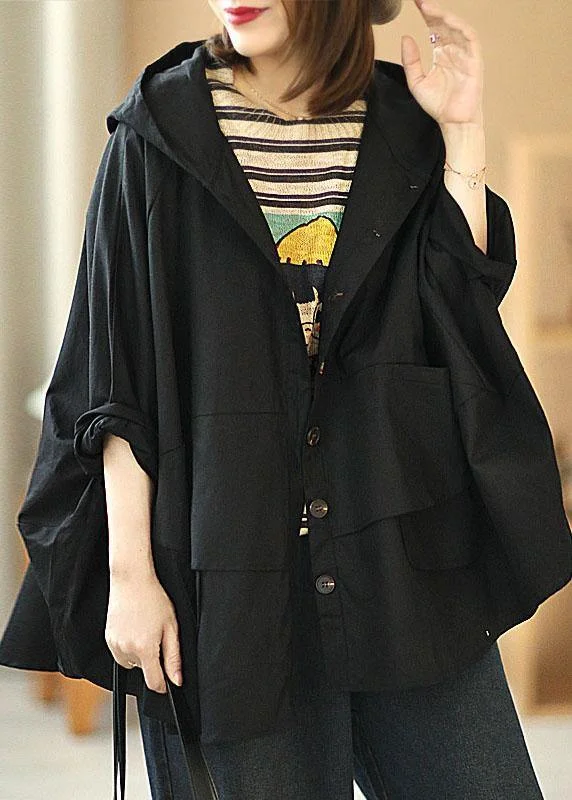 Modern Black Loose Button Pockets Fall Hoodie Coat Hoodie with Hem Elastic Stretchable Comfortable