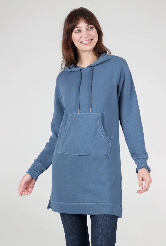 Hooded Sweatshirt Dress, Slate Teal Hoodie with Hem Patch Decorative Personalized