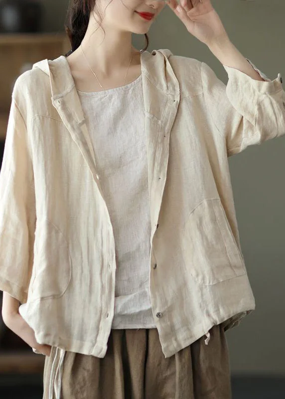 Natural Beige Pockets Patchwork Linen Hoodie Coat Summer Hoodie with Contrast Stitching Detailed Premium