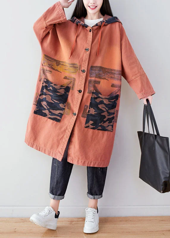 Orange Pockets Patchwork Print Cotton Hoodie Coat Spring Hoodie with Logo Branding Identity