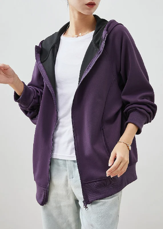 Organic Purple Hooded Cotton Sweatshirts Coats Spring Hoodie with Lace Feminine Delicate