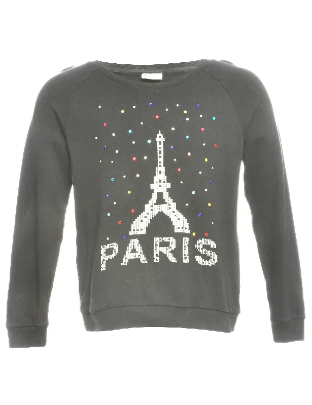 Paris Beaded Printed Sweatshirt - M Hoodie with Hem Patch Decorative Personalized