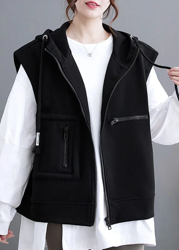 Plus Size Black Patchwork Pockets Hoodie Waistcoat Fall Hoodie with Half-Zip Sporty Casual