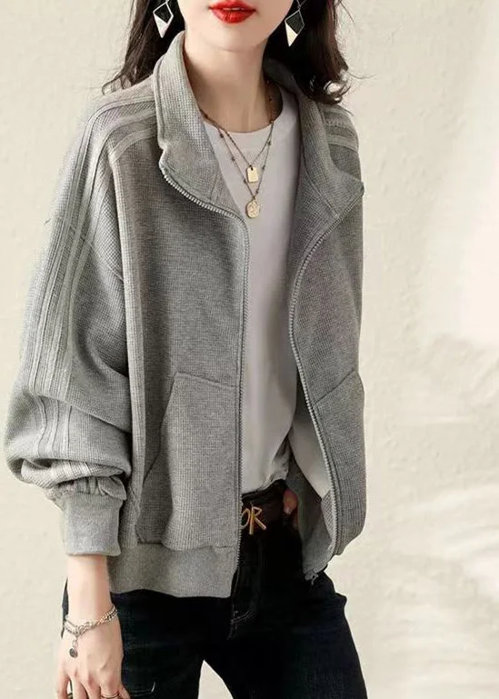 Plus Size Grey Oversized Cotton Sweatshirt Coat Fall Hoodie with Rhinestones Sparkly Elegant