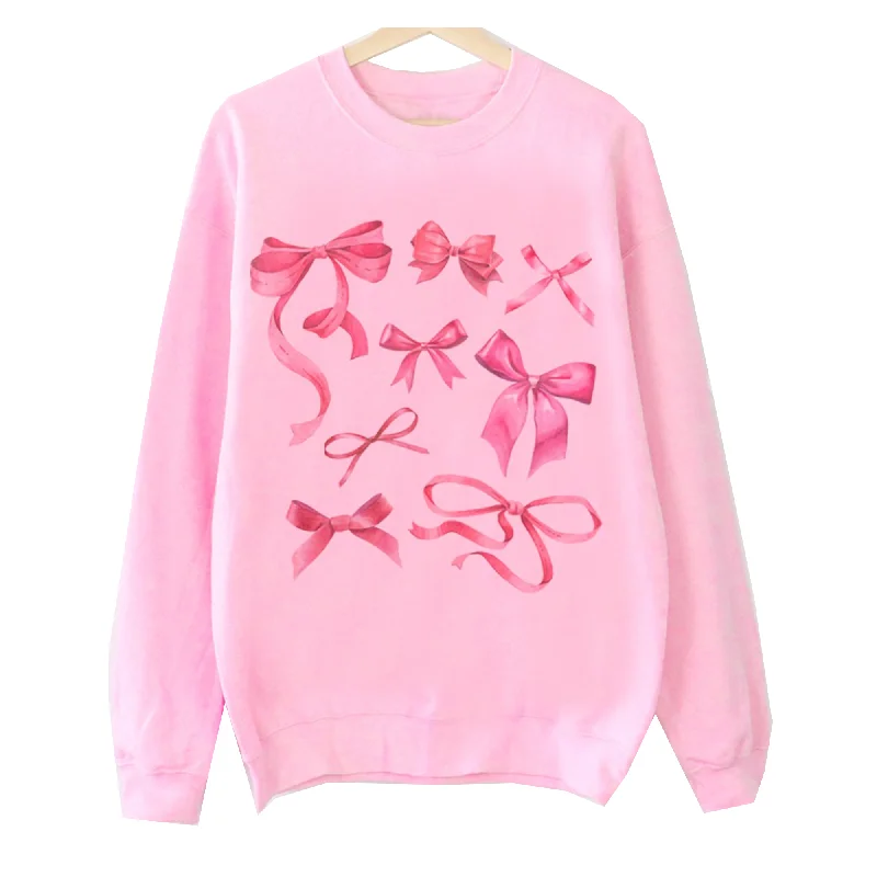 Ribbon and Bows Pink Sweatshirt Hoodie with Drop Shoulder Relaxed Streetwear