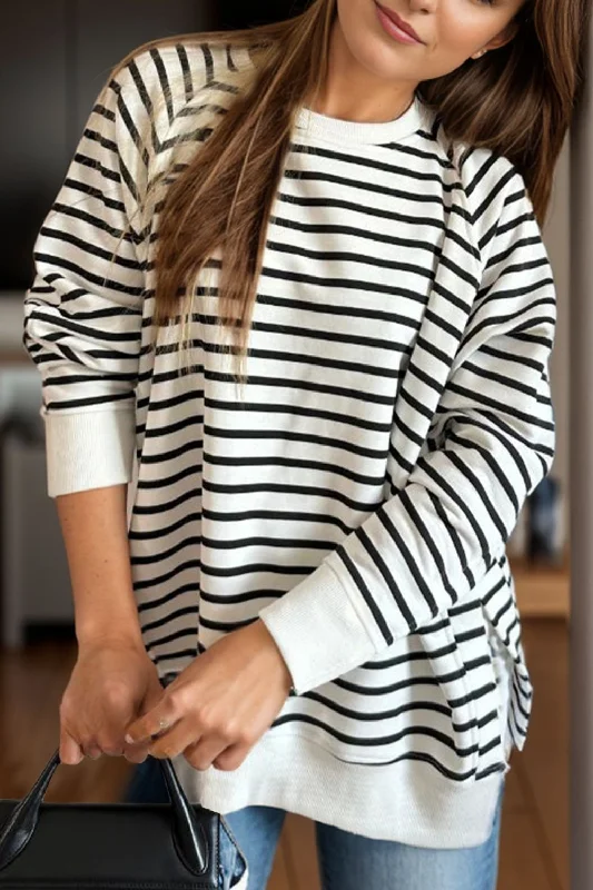 Slit Striped Round Neck Long Sleeve Sweatshirt Hoodie with Ribbed Cuffs Snug Fit Comfort